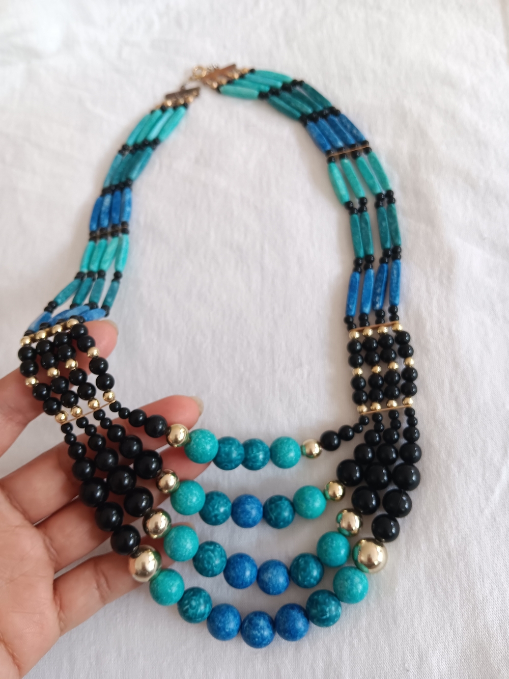 Multistrand Turquoise & Black Beaded Necklace - Designer Style